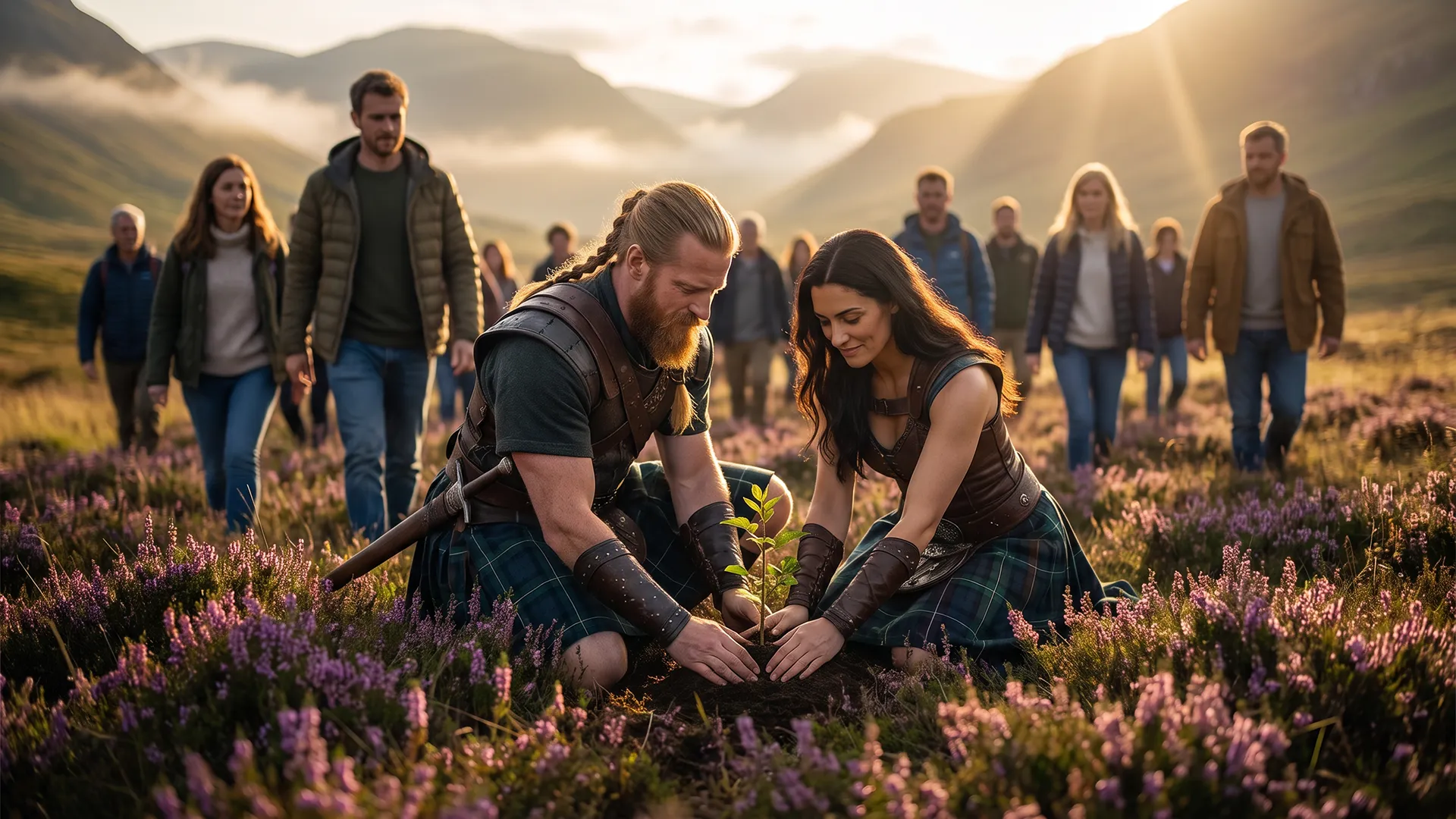 Becoming an InchKeeper — Guardians of Scotland planting a sapling Two Highland InchKeeper guardians kneel to plant a sapling in the heather as present-day people walk behind them, bridging Scotland's past and present.