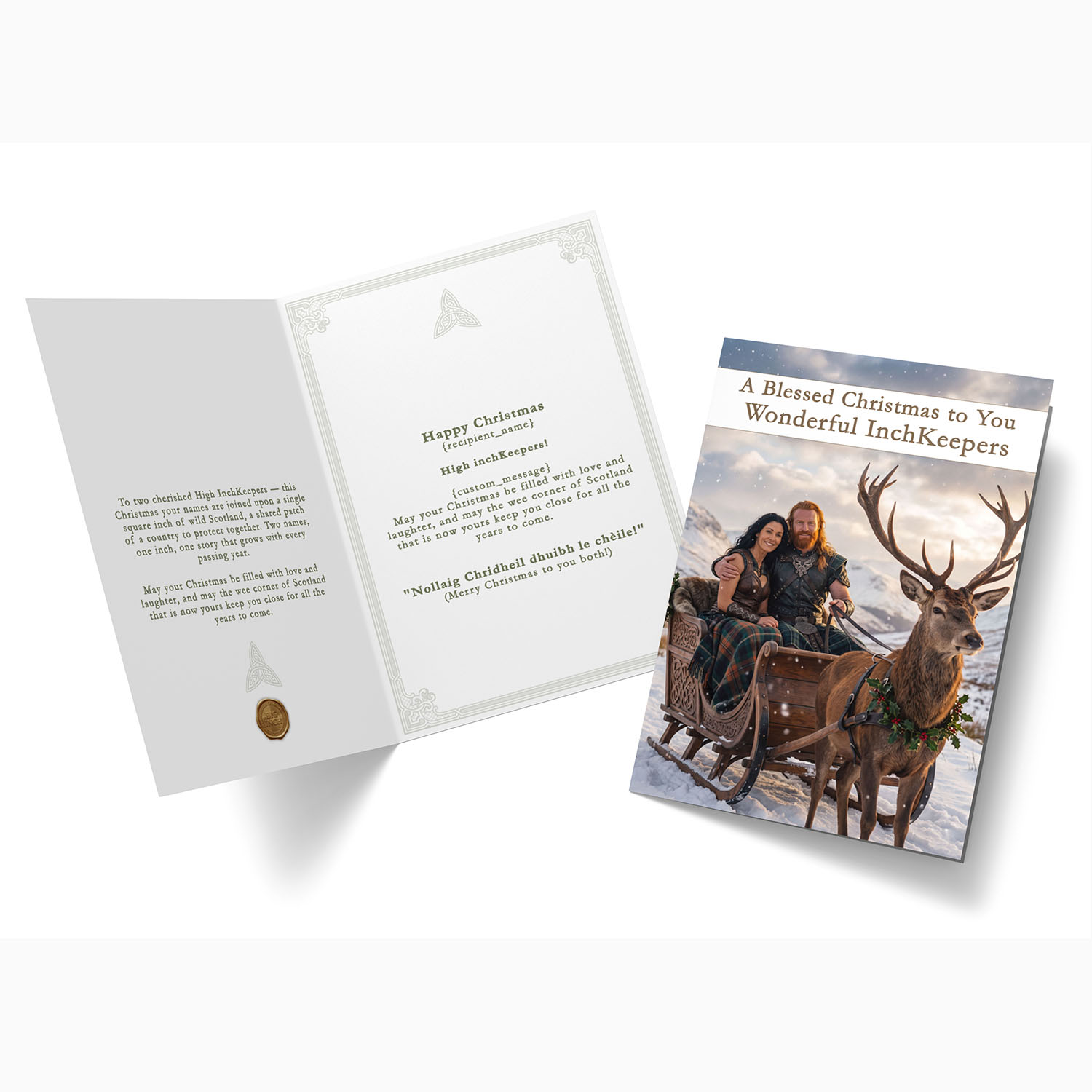 Unusual Christmas gift for couples: an open personalised InchKeeper Christmas card with a custom message and a Gaelic blessing, "Nollaig Chridheil dhuibh le chèile!"