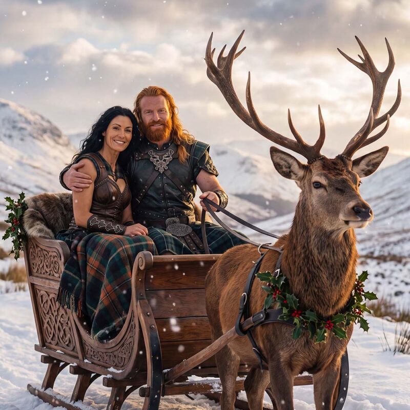 Unusual Christmas gift for couples: the InchKeeper couple in a carved wooden sledge, his arm around her, pulled by a holly-wreathed Scottish red deer stag through snowy hills.