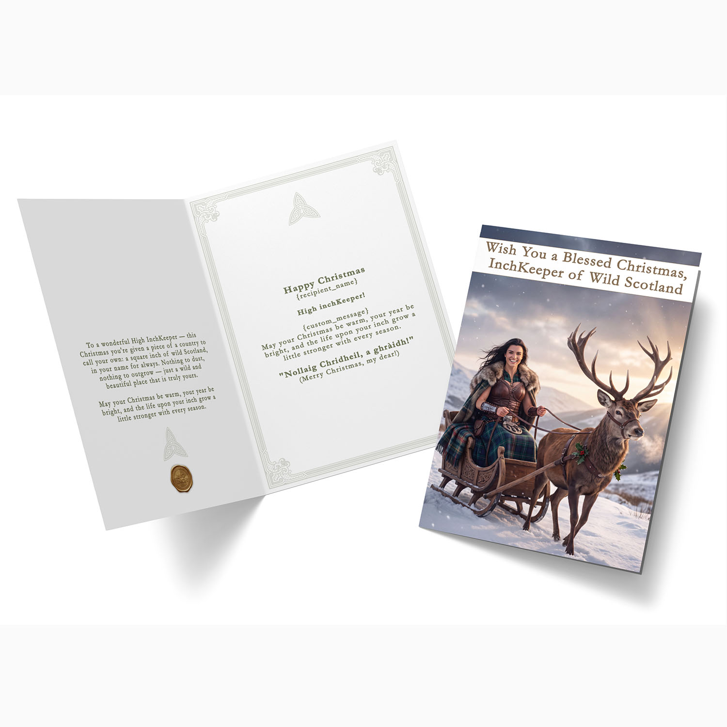 Unusual Christmas gift for her: an open personalised InchKeeper Christmas card with a custom message and a Gaelic blessing, "Nollaig Chridheil, a ghràidh!"