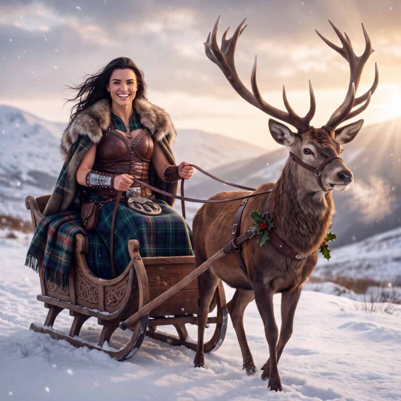 Unusual Christmas gift for her: a dark-haired female InchKeeper in tartan drives a carved wooden sledge, reins in hand, pulled by a holly-wreathed Scottish red deer stag through snowy hills.