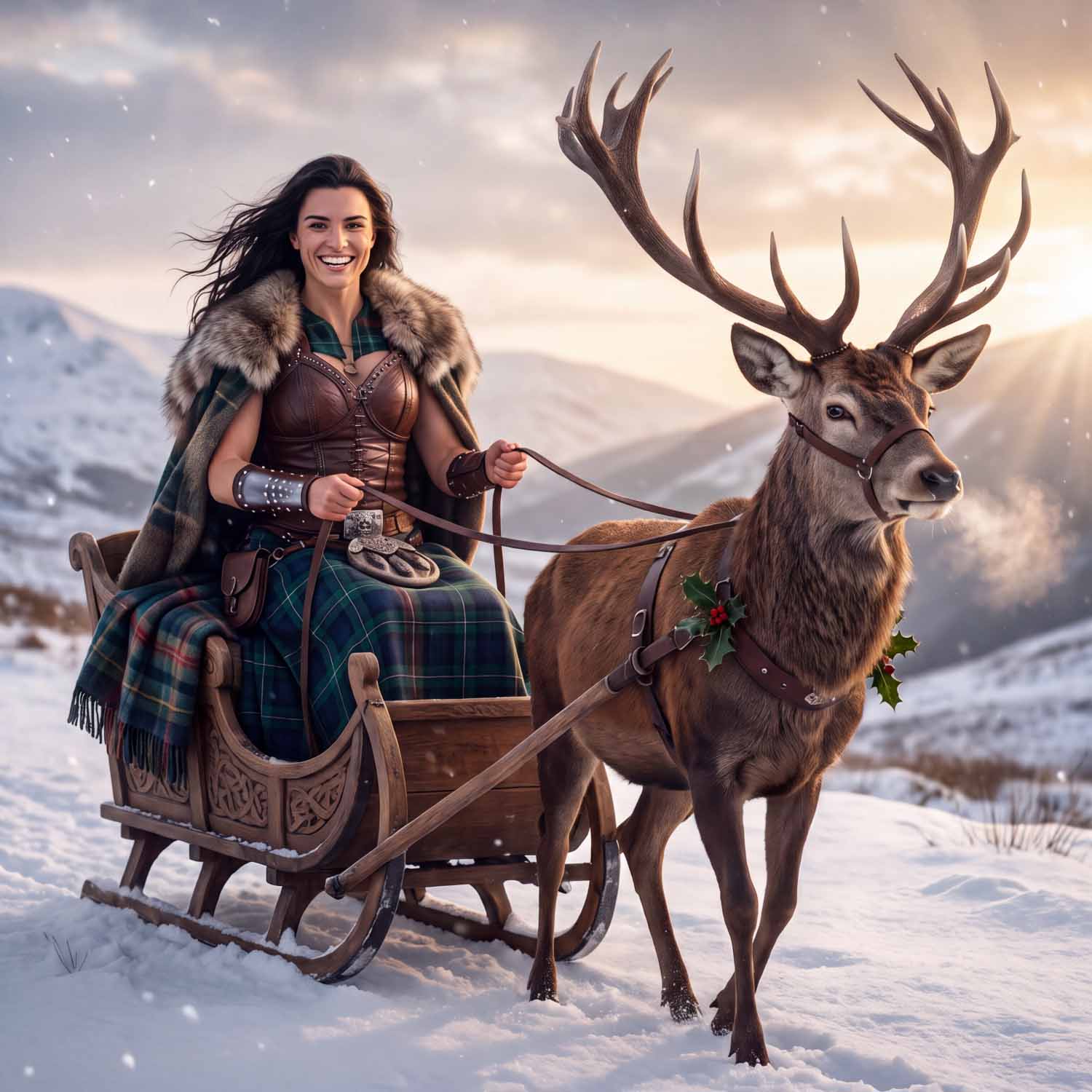 Unusual Christmas gift for her: a dark-haired female InchKeeper in tartan drives a carved wooden sledge, reins in hand, pulled by a holly-wreathed Scottish red deer stag through snowy hills.