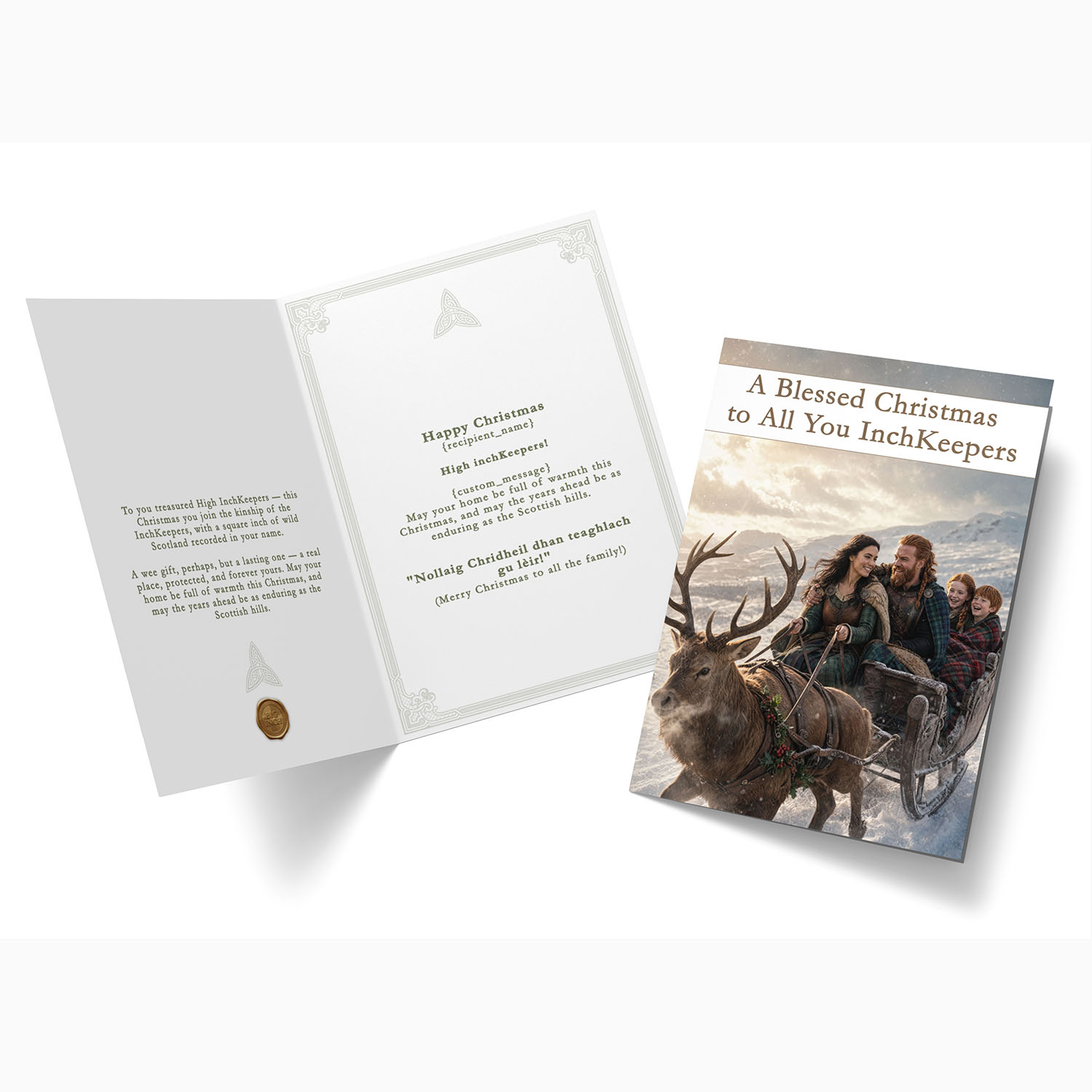 Unusual stocking filler: an open personalised InchKeeper Christmas card with a custom message and a Gaelic blessing, "Nollaig Chridheil!"