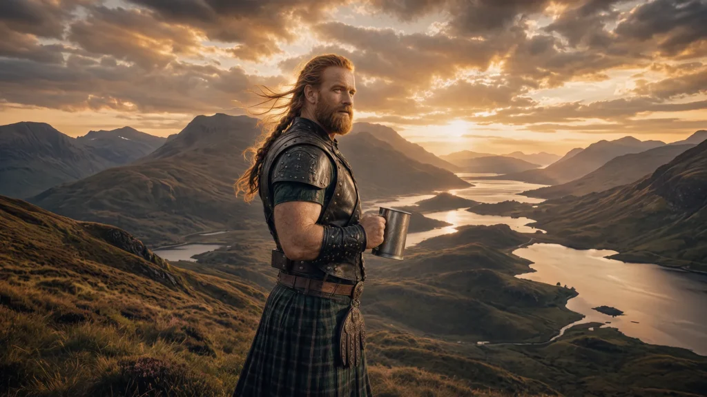 Unusual Scottish gifts for him — a red-bearded InchKeeper in leather armour and tartan kilt holding a pewter tankard, overlooking a glen and loch at golden sunset.