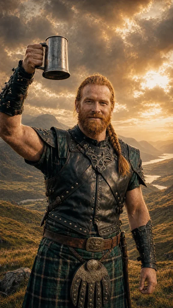 Unusual Scottish gifts for him — a Highland InchKeeper in tartan and studded leather armour raising a pewter tankard in a toast on a Highland hilltop at golden sunset.
